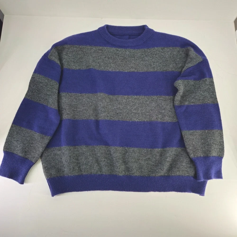 Vintage‎ 90s Striped Pullover Sweater Blue Gray Long Sleeve Crew Neck Knit Large